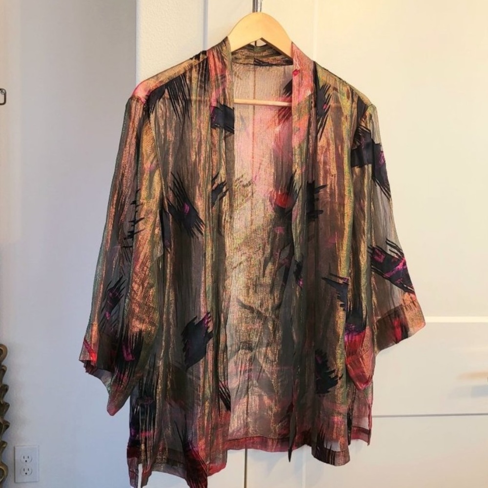 Brown Japanese Sheer Kimono Top XL Sparkle Shimmer Cultural Dress Party Cover up